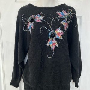 Vintage beaded and appliqué flower sweater, black, medium.
